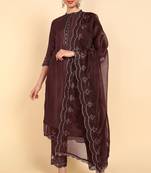 maroon color embroidered poly silk styles kurta trouser with dupatta