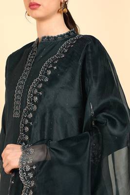 teal color embroidered poly silk styles kurta trouser with dupatta 2