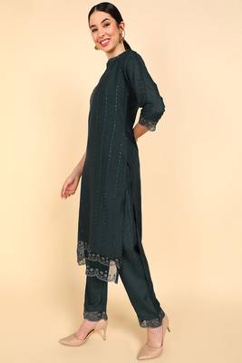 teal color embroidered poly silk styles kurta trouser with dupatta 3