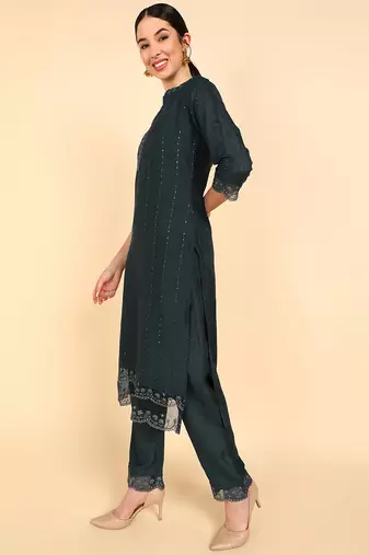 teal color embroidered poly silk styles kurta trouser with dupatta