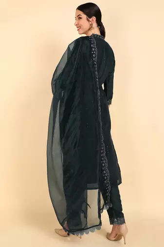 teal color embroidered poly silk styles kurta trouser with dupatta