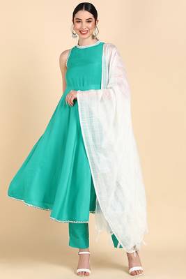 sea green color solid poly silk styles kurta trouser with dupatta 1