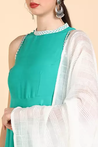 sea green color solid poly silk styles kurta trouser with dupatta
