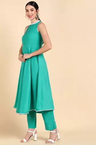 sea green color solid poly silk styles kurta trouser with dupatta