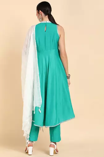 sea green color solid poly silk styles kurta trouser with dupatta