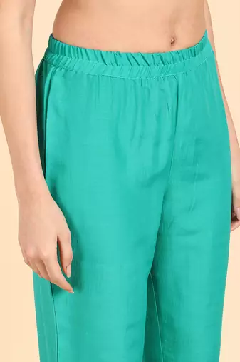 sea green color solid poly silk styles kurta trouser with dupatta