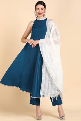 teal color solid poly silk styles kurta trouser with dupatta 1
