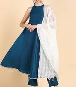 teal color solid poly silk styles kurta trouser with dupatta