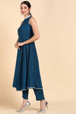 teal color solid poly silk styles kurta trouser with dupatta 3