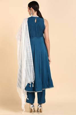 teal color solid poly silk styles kurta trouser with dupatta 4
