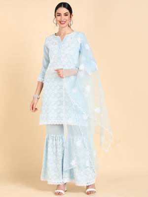 blue color embroidered poly silk styles kurta sharara with dupatta 1