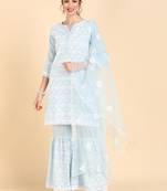 blue color embroidered poly silk styles kurta sharara with dupatta