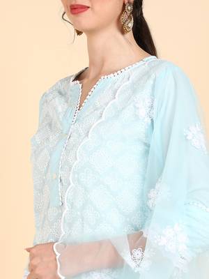 blue color embroidered poly silk styles kurta sharara with dupatta 2