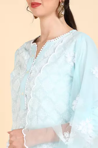 blue color embroidered poly silk styles kurta sharara with dupatta