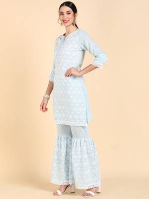 blue color embroidered poly silk styles kurta sharara with dupatta 3