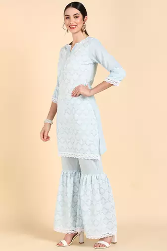 blue color embroidered poly silk styles kurta sharara with dupatta