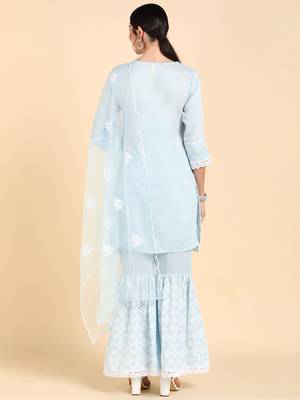 blue color embroidered poly silk styles kurta sharara with dupatta 4