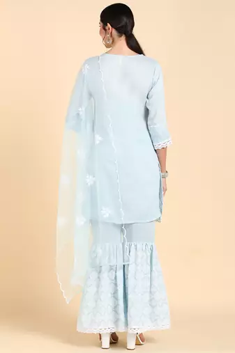 blue color embroidered poly silk styles kurta sharara with dupatta