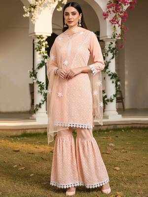 peach color embroidered poly silk styles kurta sharara with dupatta 1