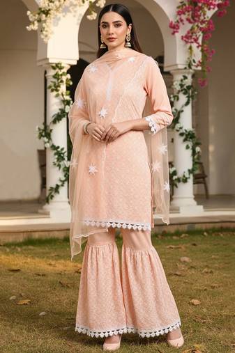 peach color embroidered poly silk styles kurta sharara with dupatta