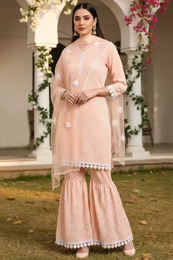 peach color embroidered poly silk styles kurta sharara with dupatta