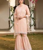 peach color embroidered poly silk styles kurta sharara with dupatta