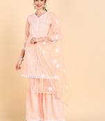 peach color embroidered poly silk styles kurta sharara with dupatta