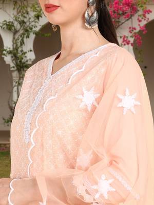 peach color embroidered poly silk styles kurta sharara with dupatta 2