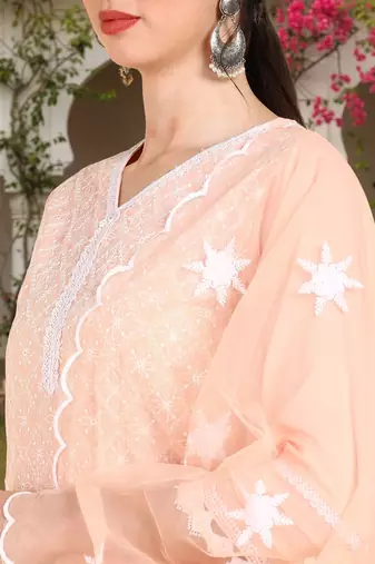 peach color embroidered poly silk styles kurta sharara with dupatta