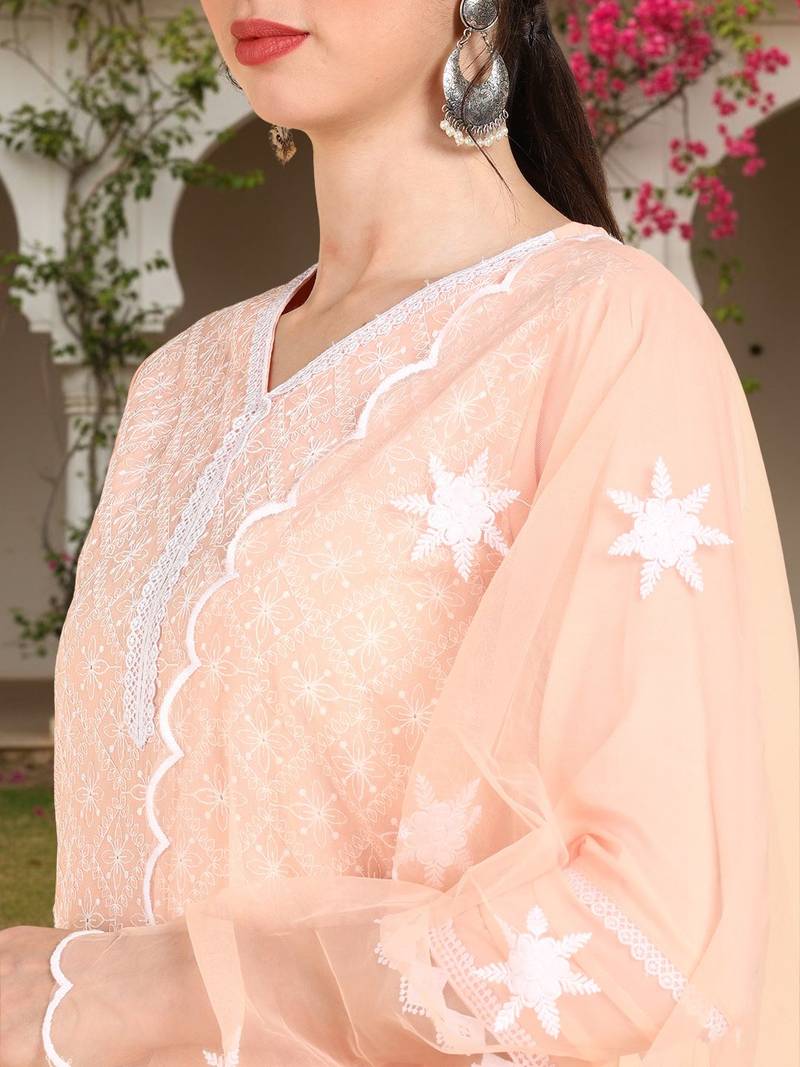 peach color embroidered poly silk styles kurta sharara with dupatta