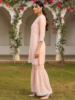 peach color embroidered poly silk styles kurta sharara with dupatta 3