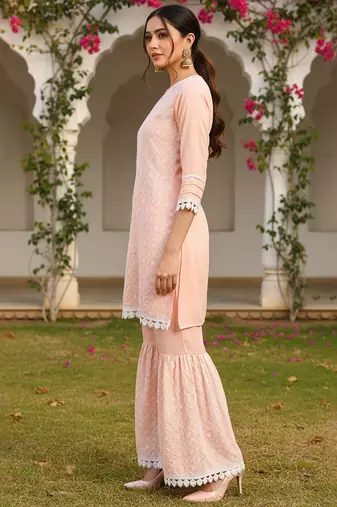 peach color embroidered poly silk styles kurta sharara with dupatta