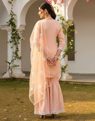 peach color embroidered poly silk styles kurta sharara with dupatta 4