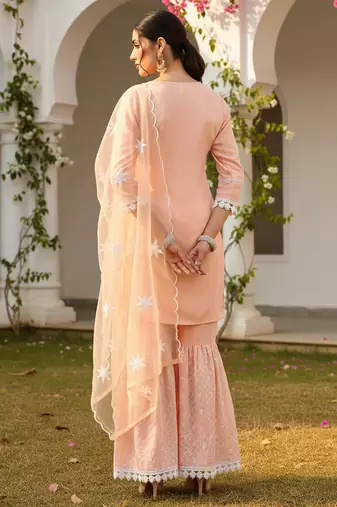 peach color embroidered poly silk styles kurta sharara with dupatta