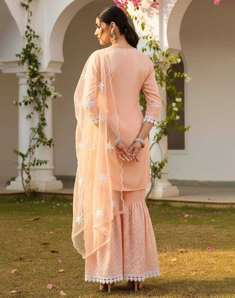 peach color embroidered poly silk styles kurta sharara with dupatta