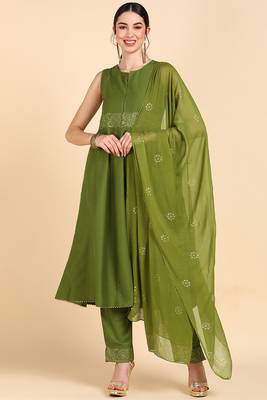 olive color printed poly silk styles kurta trouser with dupatta 1
