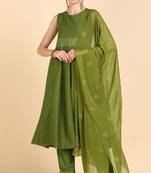olive color printed poly silk styles kurta trouser with dupatta