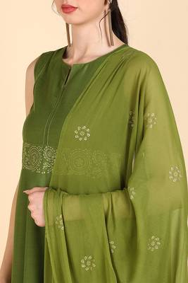 olive color printed poly silk styles kurta trouser with dupatta 2