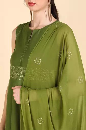 olive color printed poly silk styles kurta trouser with dupatta