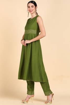olive color printed poly silk styles kurta trouser with dupatta 3