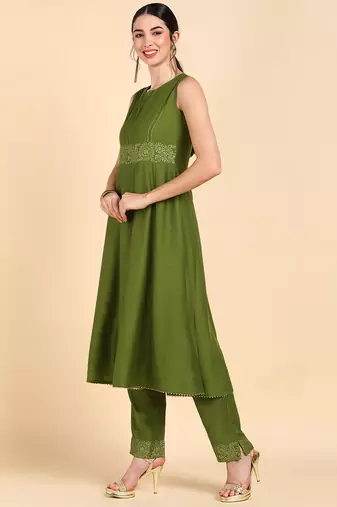 olive color printed poly silk styles kurta trouser with dupatta