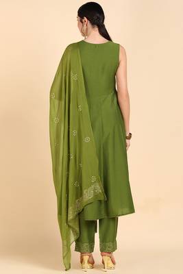 olive color printed poly silk styles kurta trouser with dupatta 4