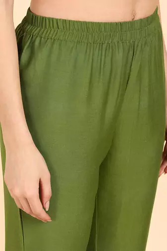 olive color printed poly silk styles kurta trouser with dupatta