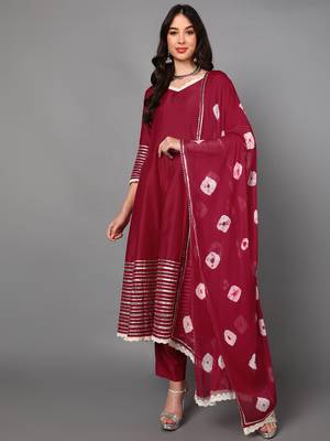 fuchsia color solid poly silk styles kurta trouser with dupatta 1