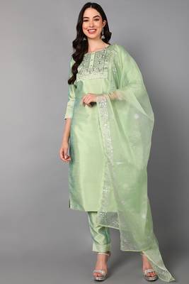 green color embroidered poly silk styles kurta trouser with dupatta 1