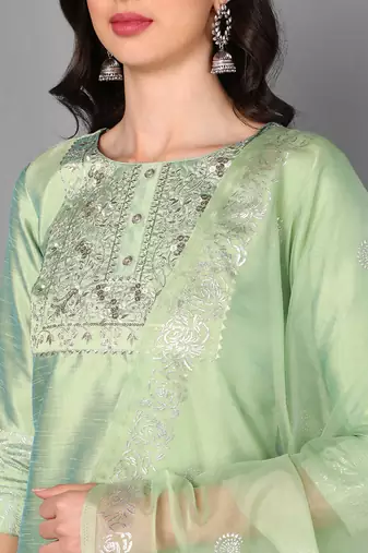 green color embroidered poly silk styles kurta trouser with dupatta