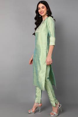 green color embroidered poly silk styles kurta trouser with dupatta 3
