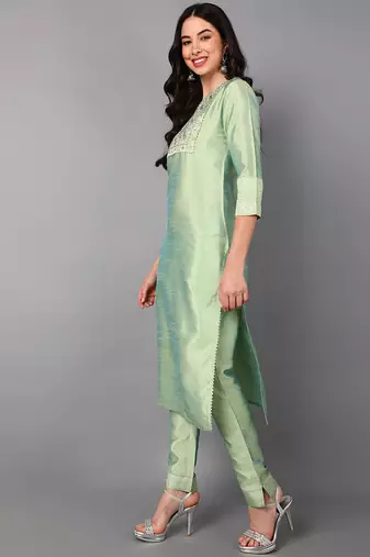 green color embroidered poly silk styles kurta trouser with dupatta