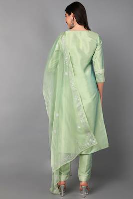 green color embroidered poly silk styles kurta trouser with dupatta 4