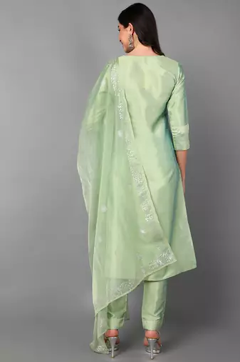 green color embroidered poly silk styles kurta trouser with dupatta